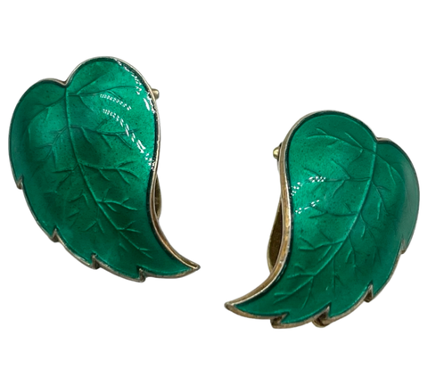 sterling silver gold plated Norway green enamel leaf clip on earrings