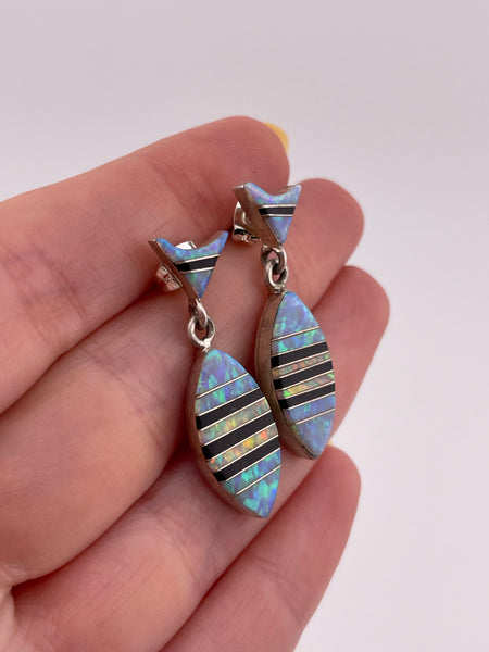sterling silver lab opal & onyx inlay post dangle earrings