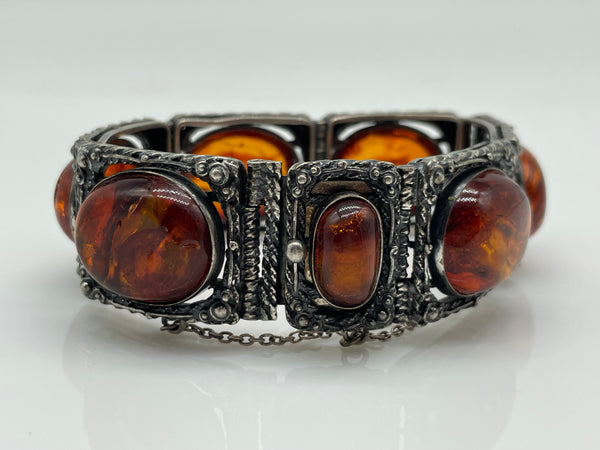 sterling silver heavy chunky amber panel link bracelet **AS IS**