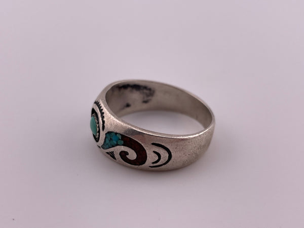 size 13 sterling silver Roie Jaque artist signed crushed turquoise, crushed coral, & turquoise shadowbox ring