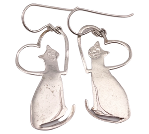 sterling silver new old stock cat heart dangle earrings