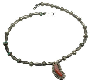 sterling silver 16" coral pendant bench bead necklace **AS IS**