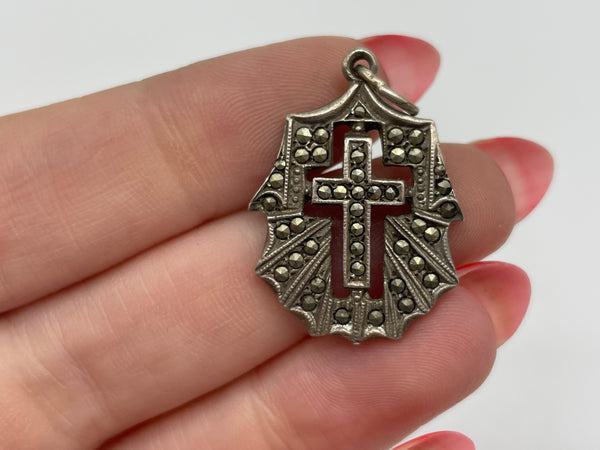sterling silver religious Art Deco marcasite cross pendant