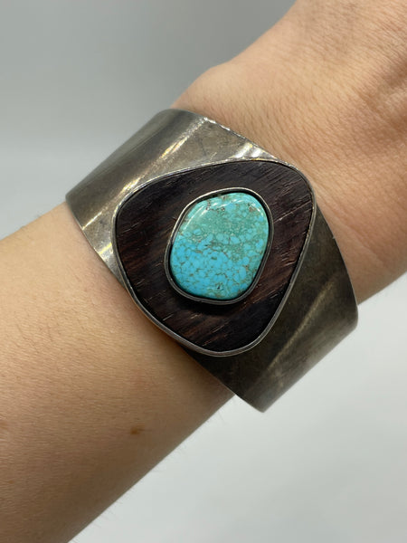 sterling silver unique artisan turquoise & wood cuff bracelet