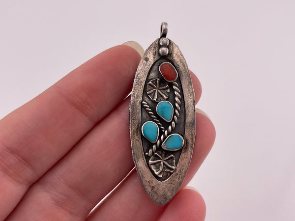 sterling silver turquoise & coral inlay flower pendant