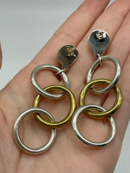 sterling silver & brass circle post dangle earrings
