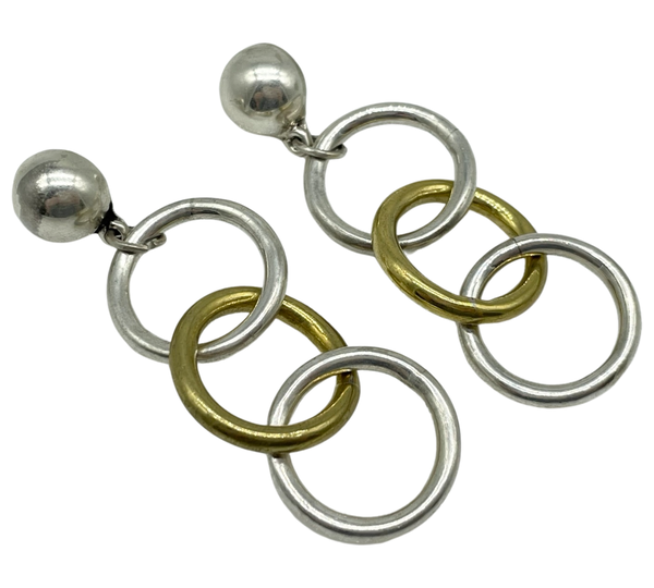 sterling silver & brass circle post dangle earrings