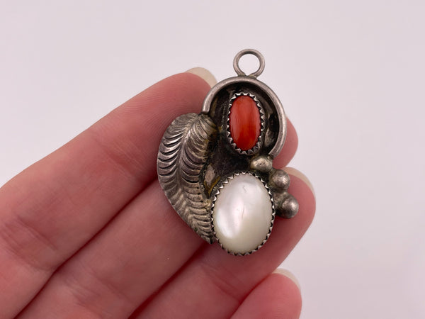 sterling silver mother of pearl & coral pendant