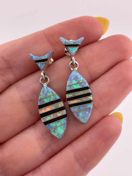 sterling silver lab opal & onyx inlay post dangle earrings