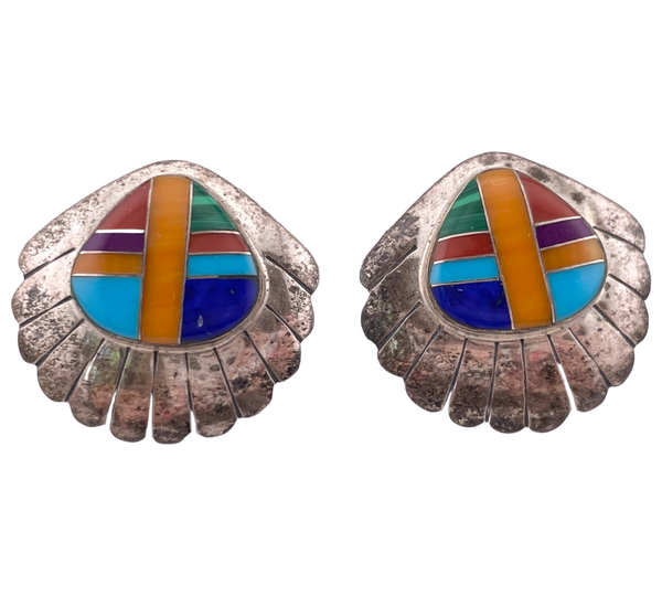 sterling silver multi-stone inlay clip on earrings