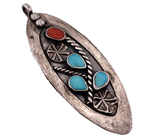 sterling silver turquoise & coral inlay flower pendant