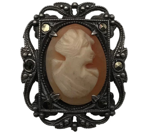 sterling silver cameo marcasite brooch pin