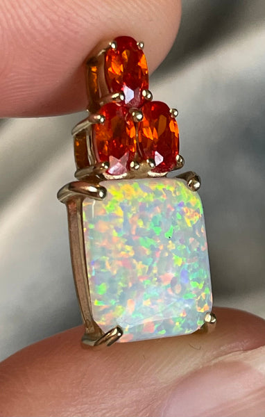 10k gold synthetic opal red/orange faceted glass charm pendant