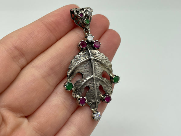 sterling silver artisan leaf multi-gemstone pendant