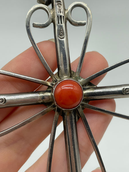 sterling silver large coral cross pendant