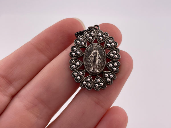 sterling silver Mary religious marcasite pendant