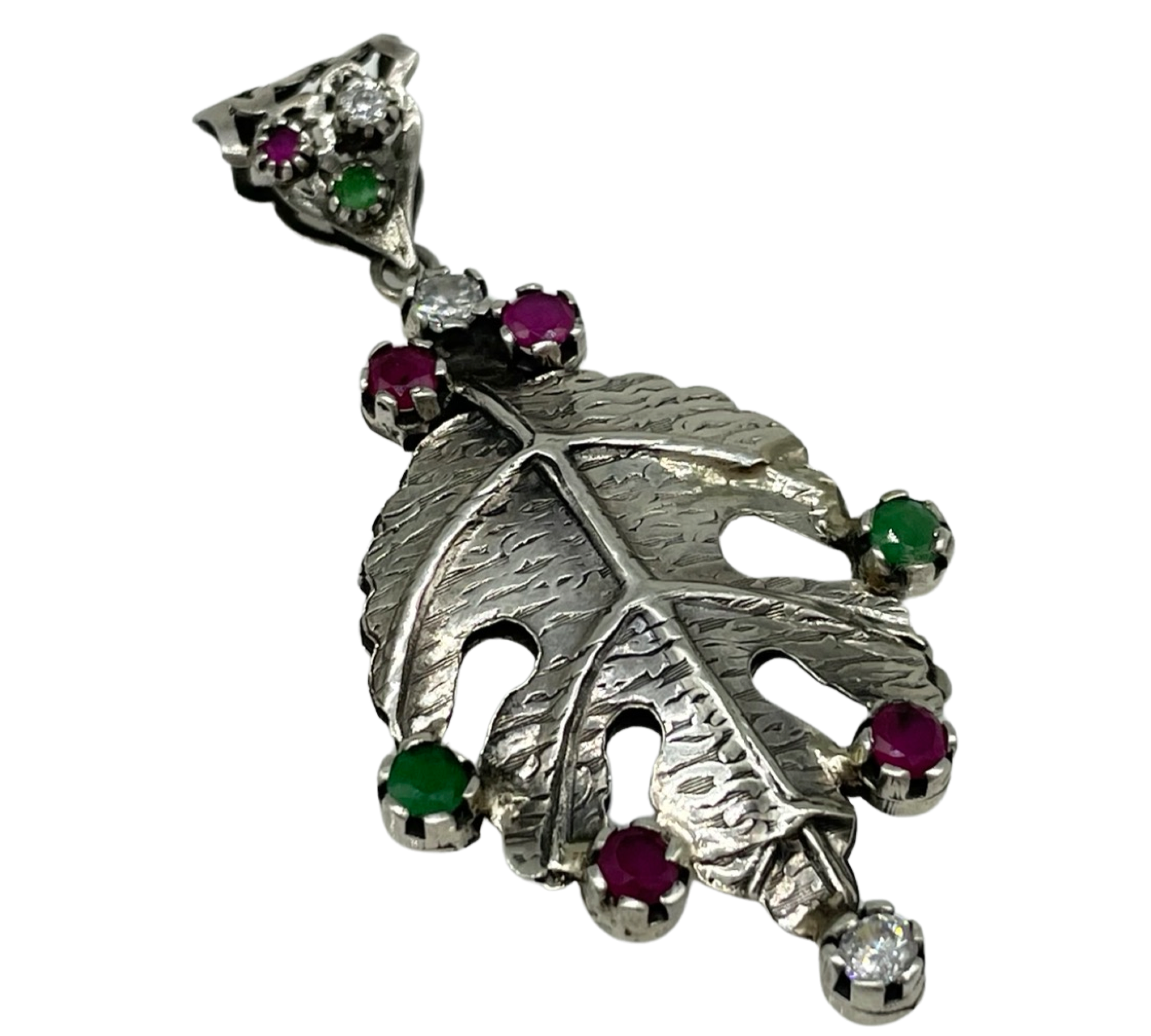 sterling silver artisan leaf multi-gemstone pendant
