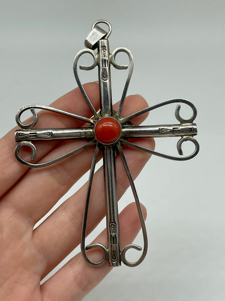 sterling silver large coral cross pendant