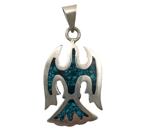sterling silver NOS crushed turquoise Peyote Bird vintage pendant